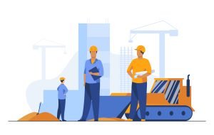 Builders in helmets working at construction site Builders in helmets working at construction site. Machine, building, worker flat vector illustration. Engineering and development concept for banner, website design or landing web page